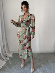 [Elegant French Dress] Elegant V-Neck French Floral Print Dress | Mid-Length Lace-Up Bodycon Midi Dress for Women - Perfect for Spring/Fall Commute & Vacation