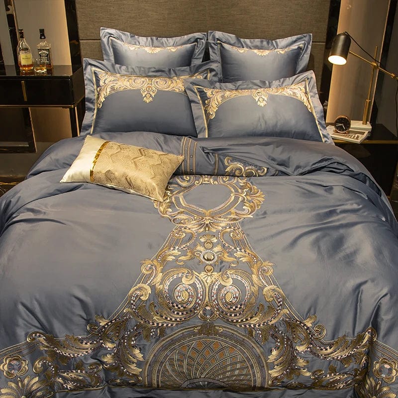 Luxury Egyptian cotton duvet cover set with intricate embroidery, designed for king-sized beds, by Showlu Fashion Store.