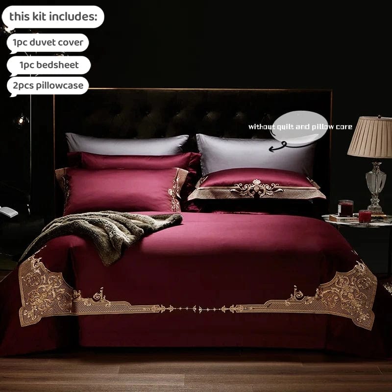 Luxury Egyptian Cotton duvet cover set with embroidery, showing a king-size bed with white, soft, and elegant bedding from Showlu Fashion.