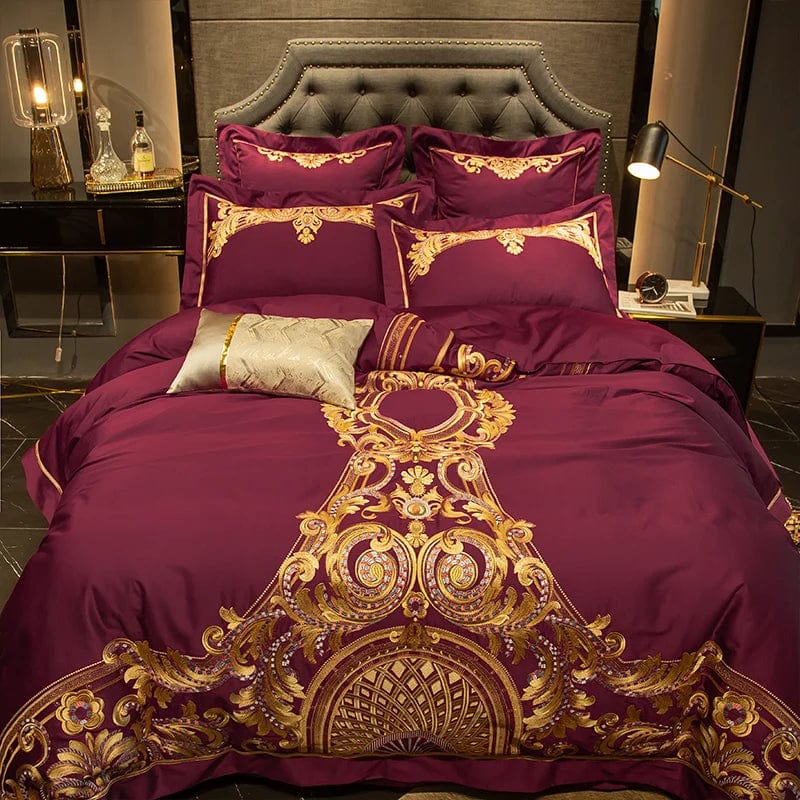 Showlu Fashion 100% Egyptian Cotton luxury embroidered duvet cover set with intricate designs, perfect for a stylish king-size bedroom.