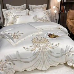 4/6Pcs White Gray Sateen Gold Embroidery Luxury Satin Cotton Bedding set Double Queen King Comforter Cover Bed Sheet Pillowcases - SHOWLU FASHION STORE