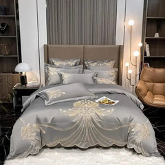 4/6Pcs White Gray Sateen Gold Embroidery Luxury Satin Cotton Bedding set Double Queen King Comforter Cover Bed Sheet Pillowcases - SHOWLU FASHION STORE