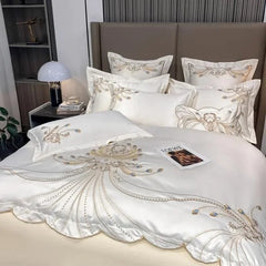 4/6Pcs White Gray Sateen Gold Embroidery Luxury Satin Cotton Bedding set Double Queen King Comforter Cover Bed Sheet Pillowcases - SHOWLU FASHION STORE