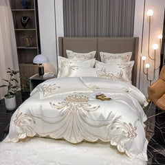 4/6Pcs White Gray Sateen Gold Embroidery Luxury Satin Cotton Bedding set Double Queen King Comforter Cover Bed Sheet Pillowcases - SHOWLU FASHION STORE