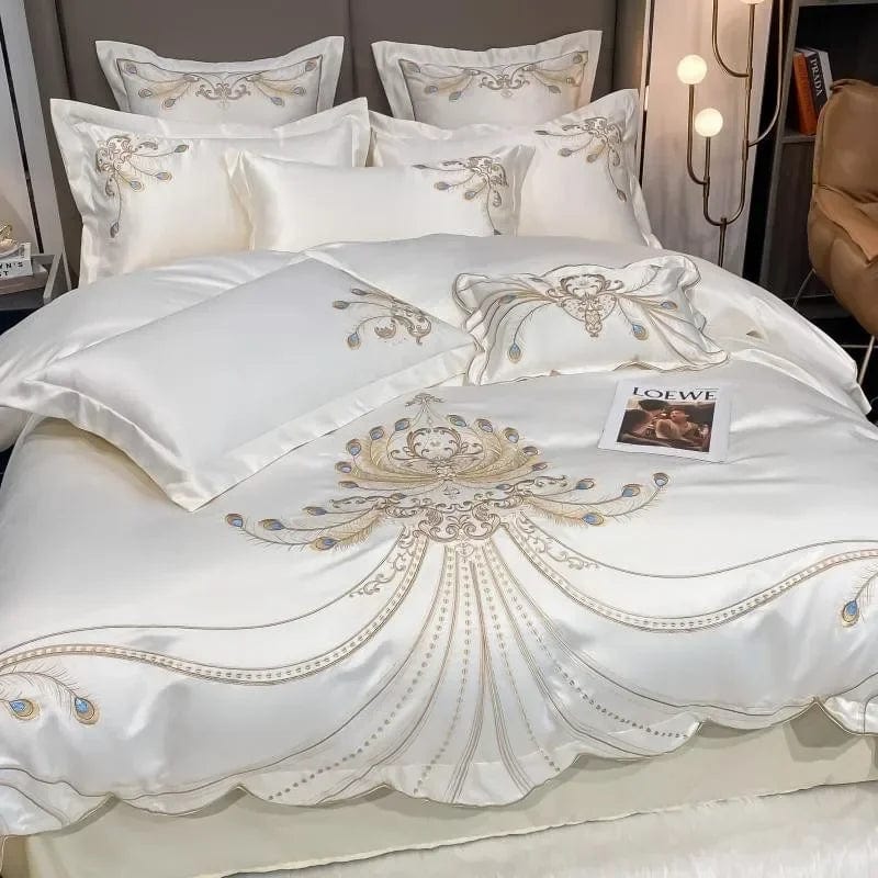 4/6Pcs White Gray Sateen Gold Embroidery Luxury Satin Cotton Bedding set Double Queen King Comforter Cover Bed Sheet Pillowcases - SHOWLU FASHION STORE