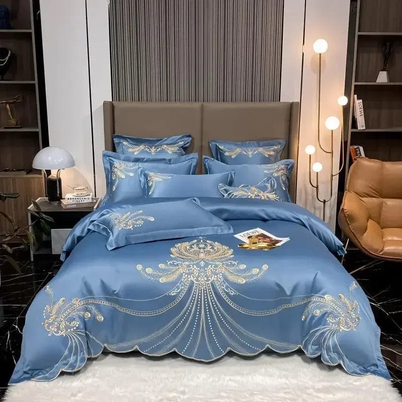 4/6Pcs White Gray Sateen Gold Embroidery Luxury Satin Cotton Bedding set Double Queen King Comforter Cover Bed Sheet Pillowcases - SHOWLU FASHION STORE