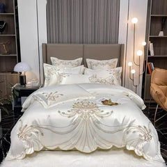 4/6Pcs White Gray Sateen Gold Embroidery Luxury Satin Cotton Bedding set Double Queen King Comforter Cover Bed Sheet Pillowcases - SHOWLU FASHION STORE