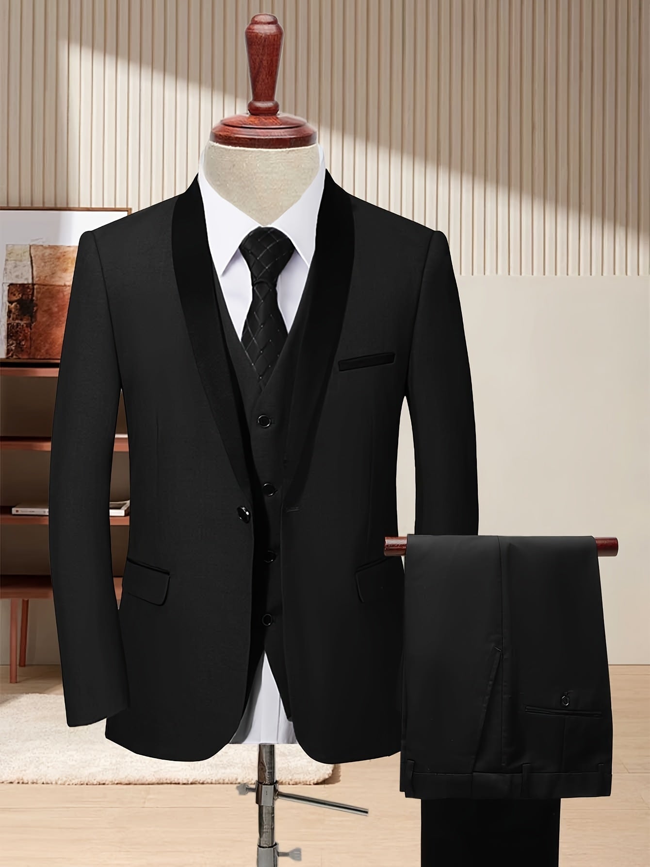 Men's slim fit wedding suit by SHOWLU FASHION STORE featuring a shawl collar tuxedo set in a 3-piece design.