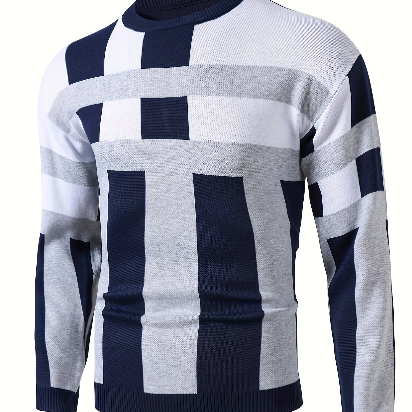 SHOWLU men's color block knit sweater with slim fit viscose crew neck, stylish pullover for casual wear.