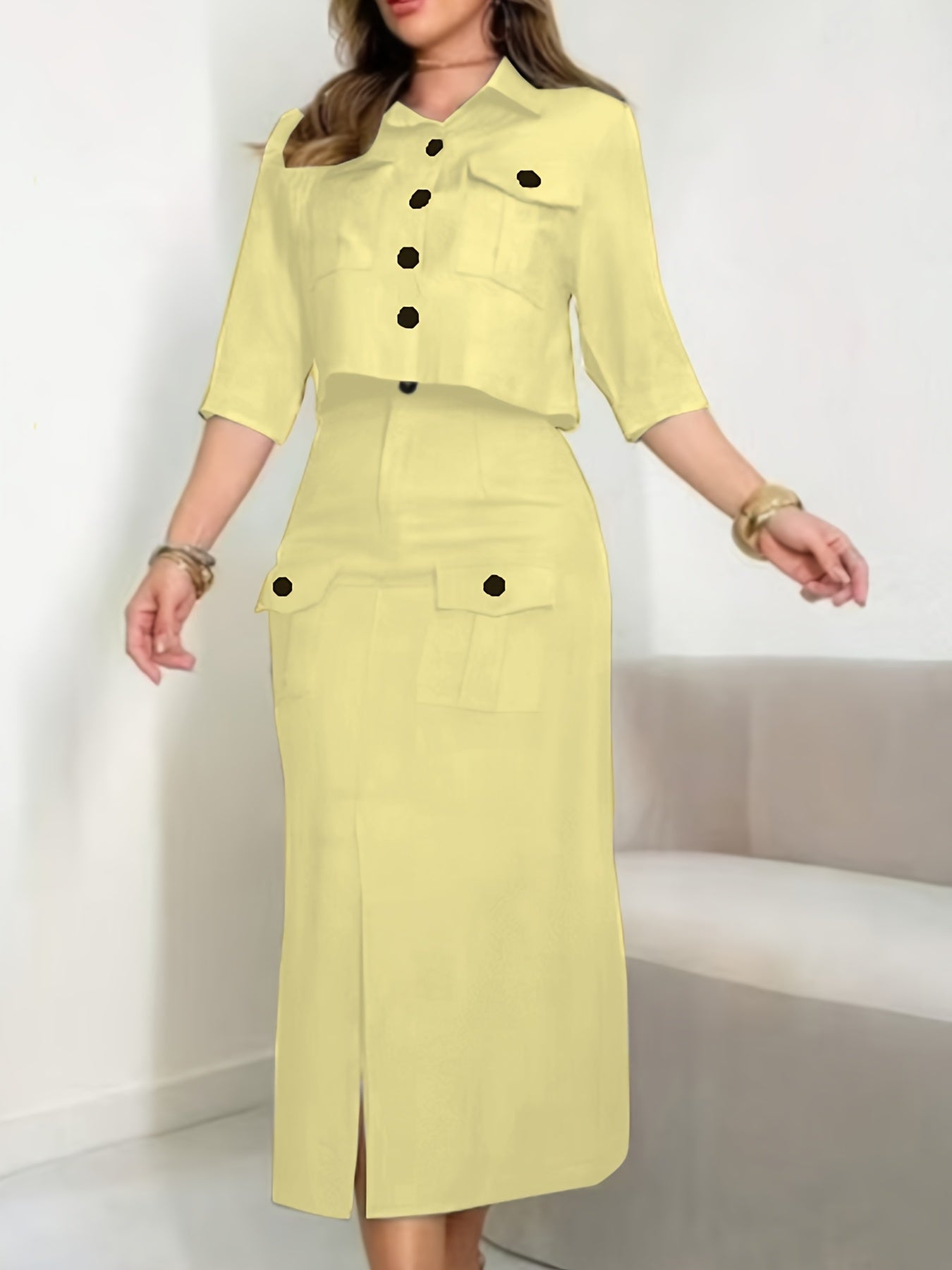 SHOWLU FASHION women's two-piece skirt set featuring a chic solid color dress and matching skirt, perfect for stylish occasions.