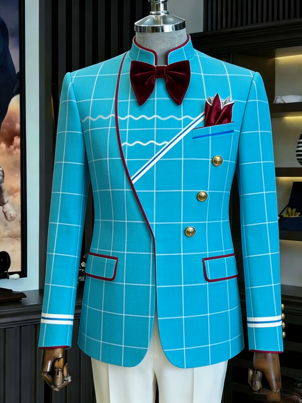 Showlu men's slim fit double-breasted suit in solid color, formal evening wear, tailored for a sharp, polished look.