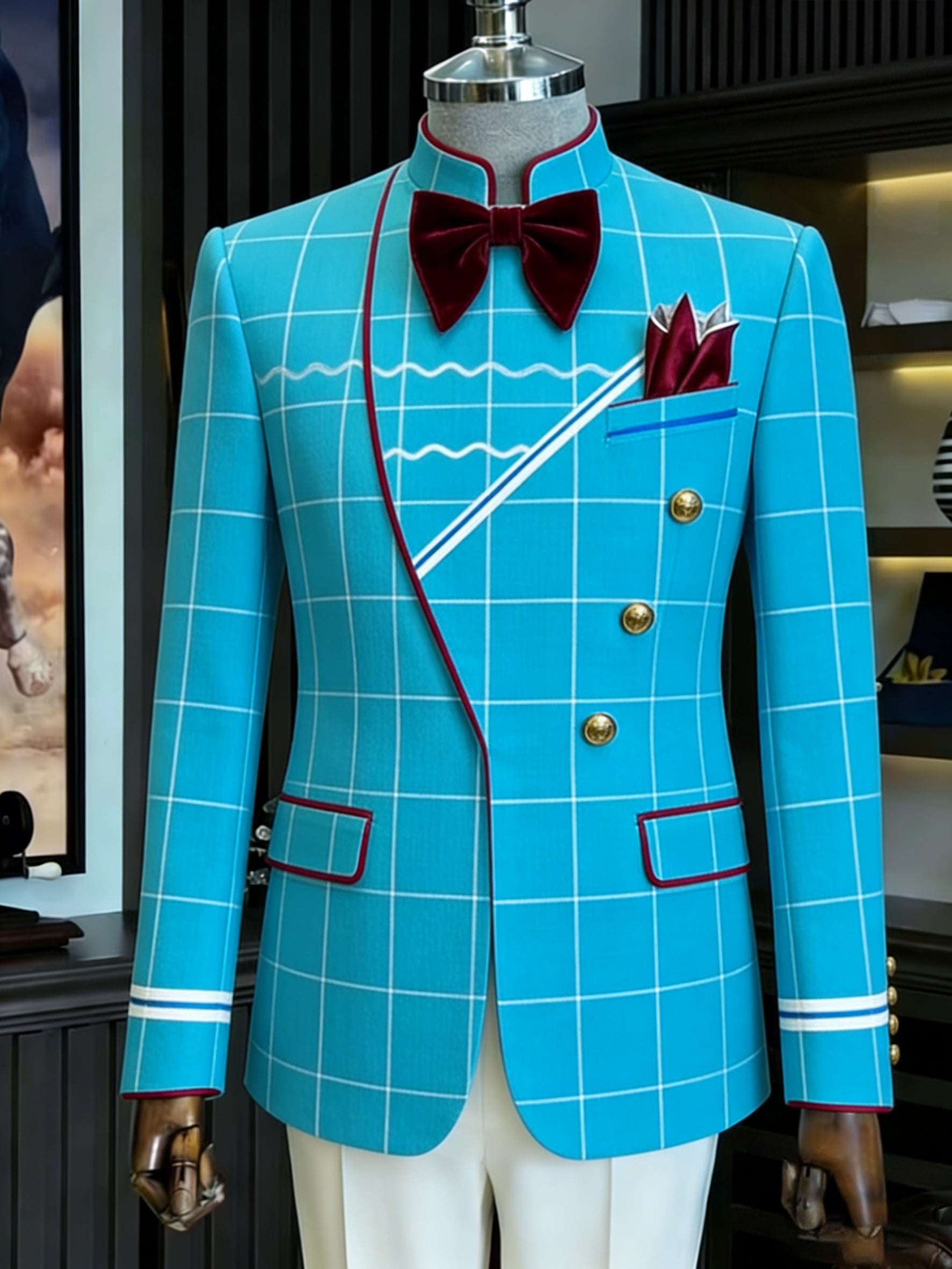 Showlu men's slim fit double-breasted suit in solid color, formal evening wear, tailored for a sharp, polished look.