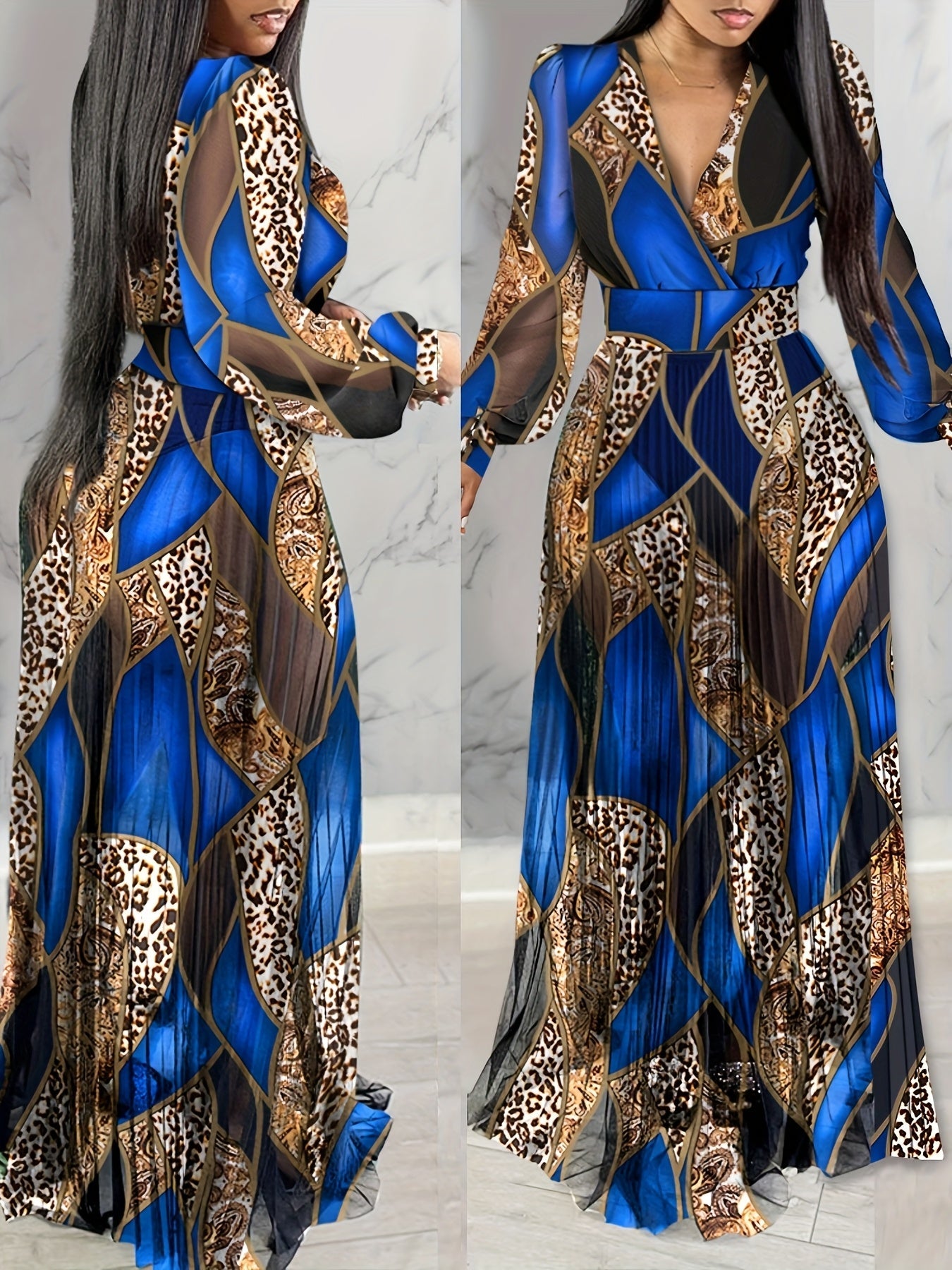 Leopard Print Lantern Sleeve Sheer V-Neck Sheer Mesh Maxi Dress Elegant Evening Dress SHOWLU FASHION STORE