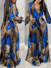 Leopard Print Lantern Sleeve Sheer V-Neck Sheer Mesh Maxi Dress Elegant Evening Dress SHOWLU FASHION STORE