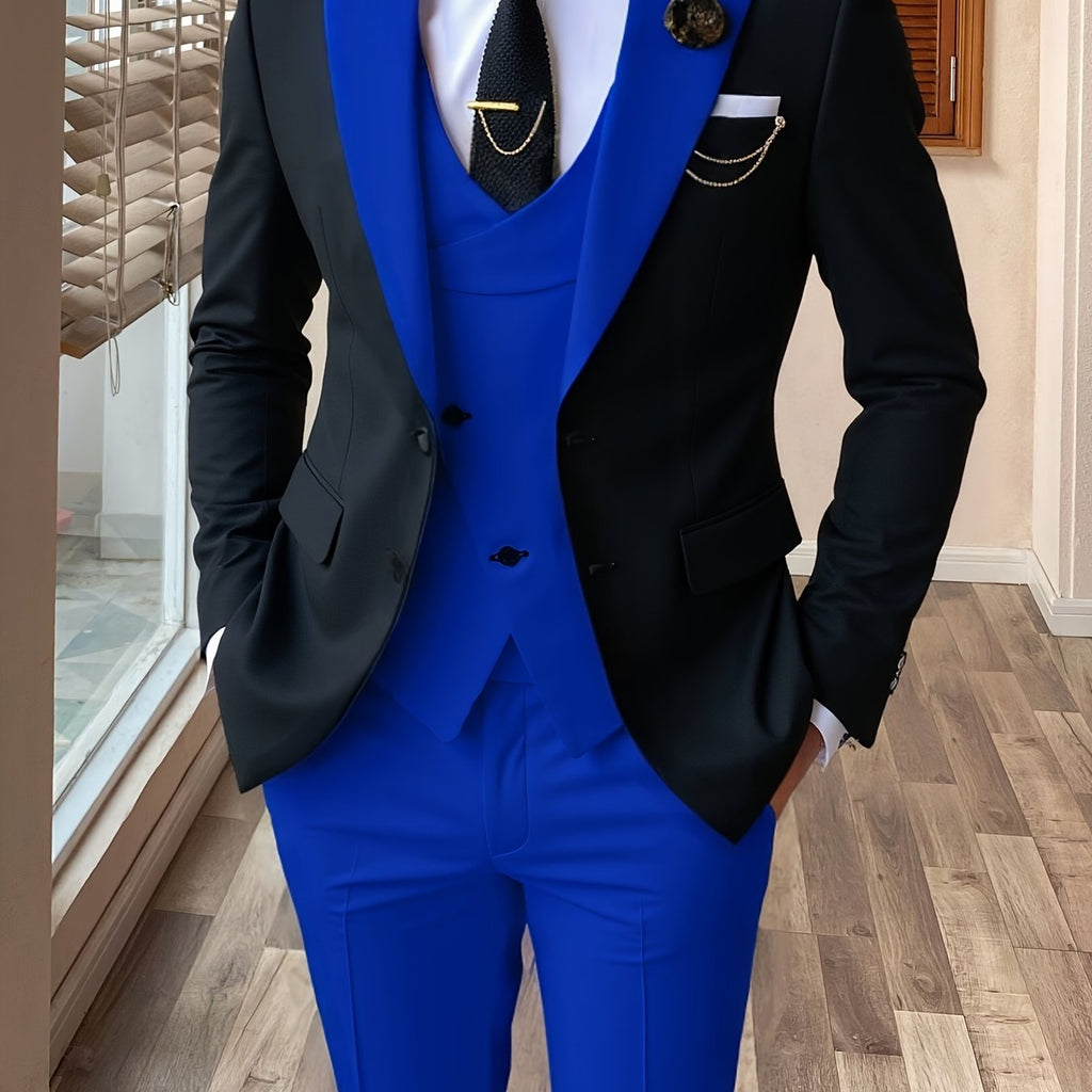Showlu Fashion men's 3-piece color block slim fit tuxedo suit set, featuring a tailored jacket, vest, and matching trousers.