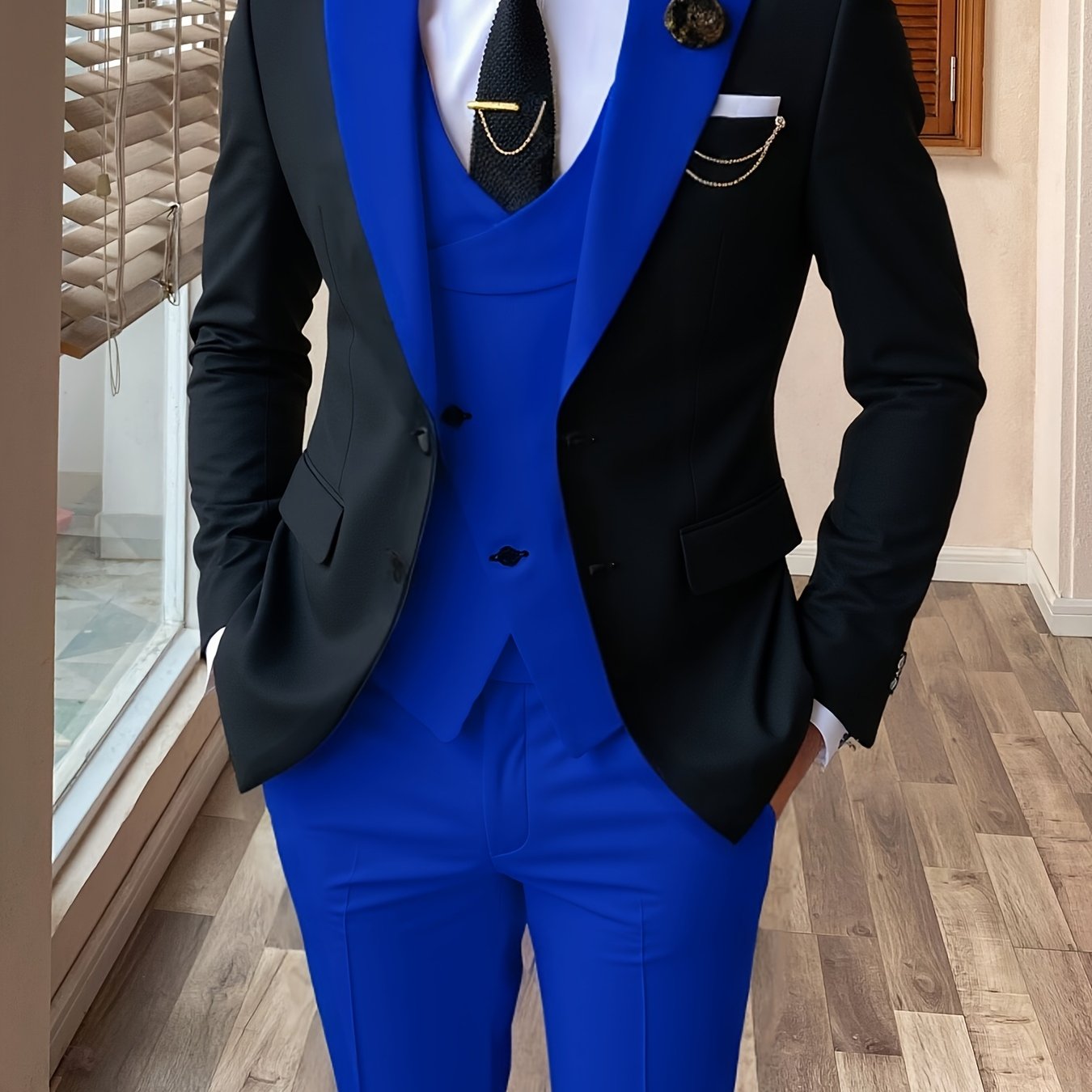Showlu Fashion men's 3-piece color block slim fit tuxedo suit set, featuring a tailored jacket, vest, and matching trousers.