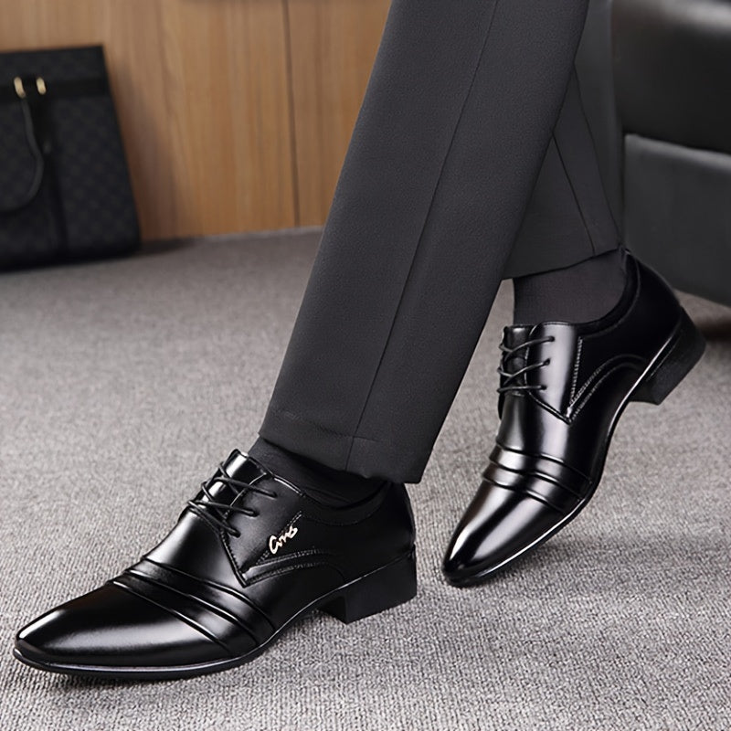 Elegant black SHOWLU men's PU leather dress shoes with laces, solid color business footwear for formal occasions.