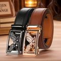 Pair of Showlu men's genuine leather ratchet belts with eagle buckles, featuring adjustable strap and classic design.