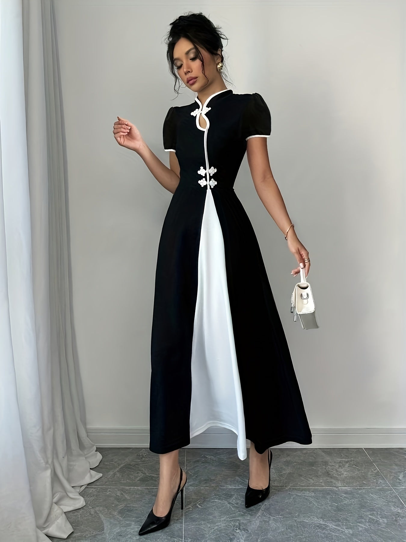 Elegant SHOWLU FASHION women's fitted V-neck knit dress in solid color, showcasing a close-up of the dress's neckline and fabric texture.