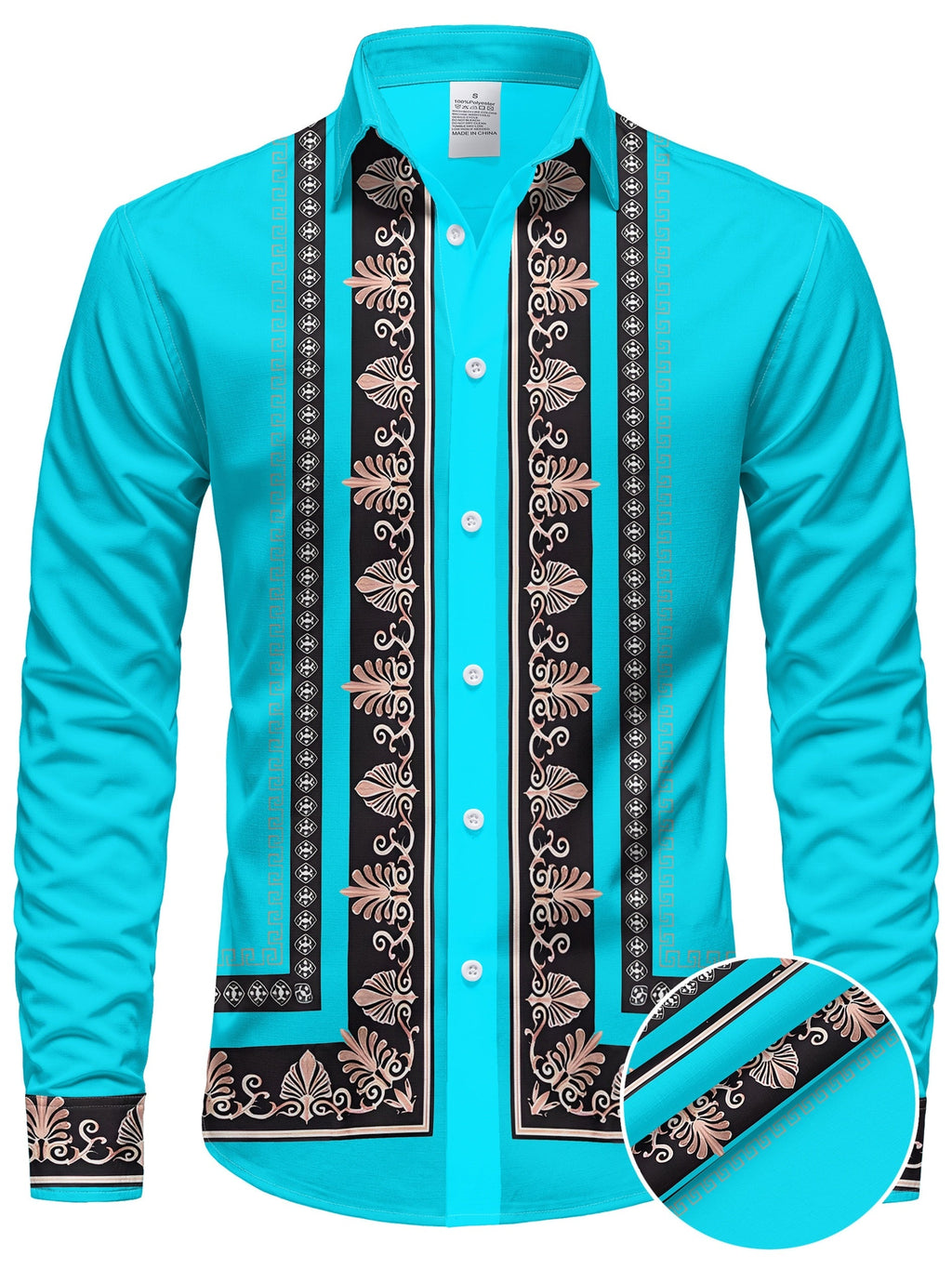 SHOWLU Men's long sleeve ethnic floral shirt in turquoise and gold with intricate patterns and traditional design.