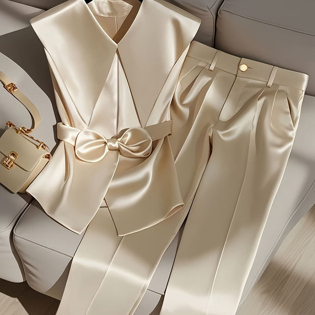 SHOWLU Fashion Store elegant sleeveless top and long pants set in solid woven fabric, stylish two-piece outfit.