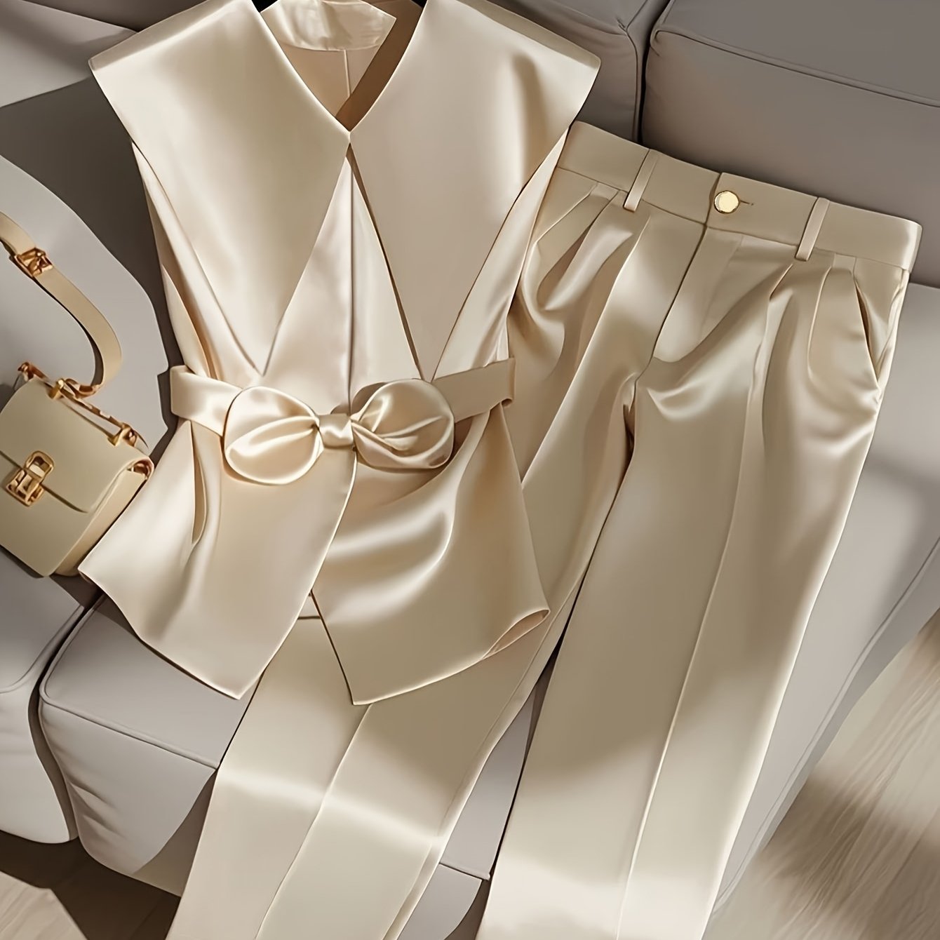 SHOWLU Fashion Store elegant sleeveless top and long pants set in solid woven fabric, stylish two-piece outfit.