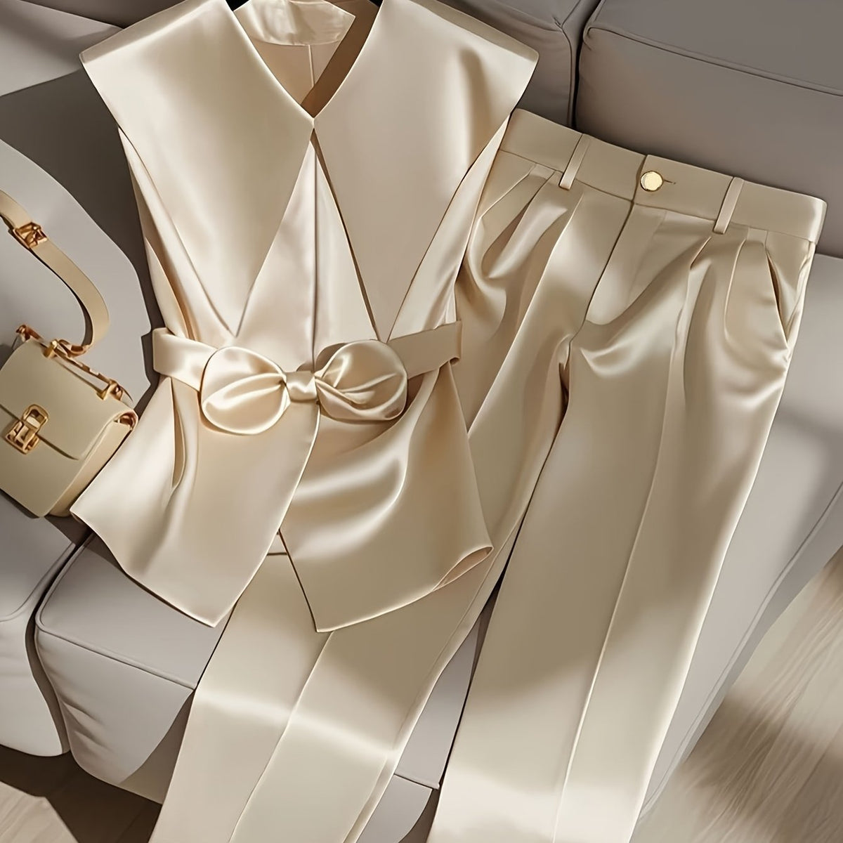 A Stylish And Elegant Sleeveless Top And Long Pants Set in a Solid Color Designed to Attract Wealth.
