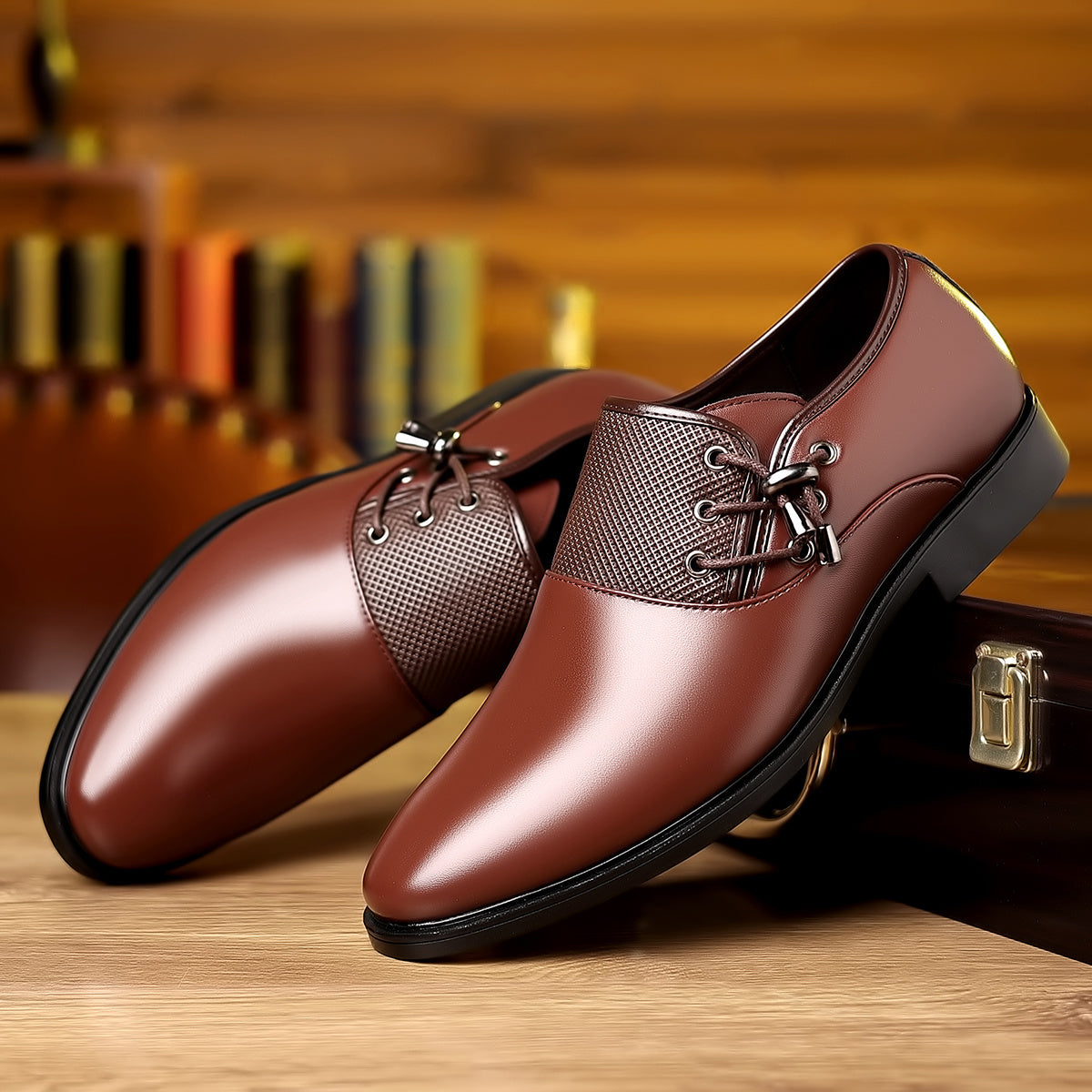 Brown SHOWLU Men's Business Casual Loafers with slip-on design and rubber sole, perfect for professional or casual wear.