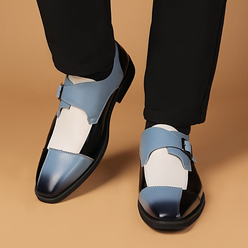Men's plaid microfiber leather Oxford dress shoes with buckle detail, stylish and comfortable for formal or casual wear.