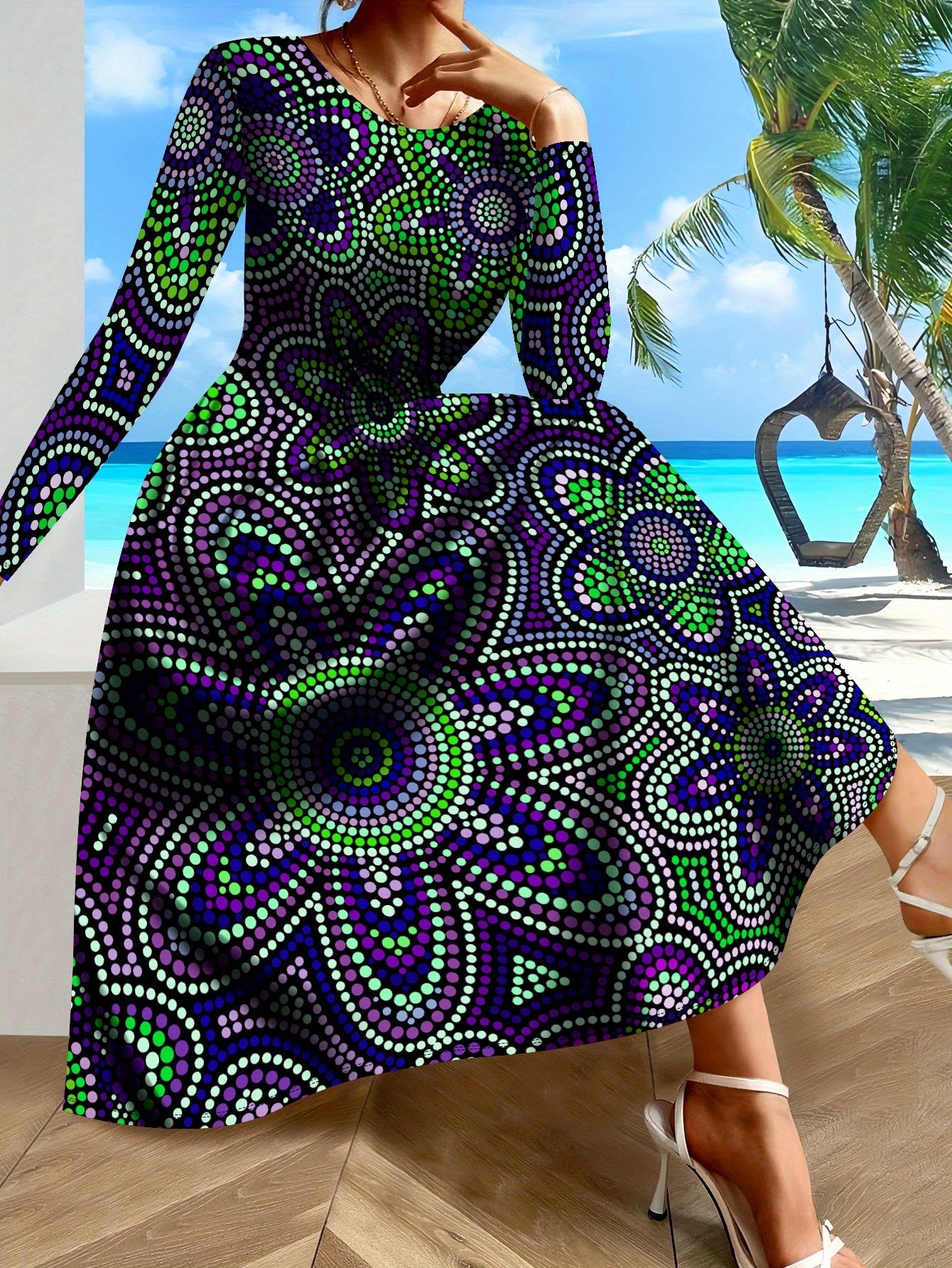 SHOWLU Women's purple and green polka dot long sleeve maxi dress with an A-line silhouette, flowing fabric, and stylish design.