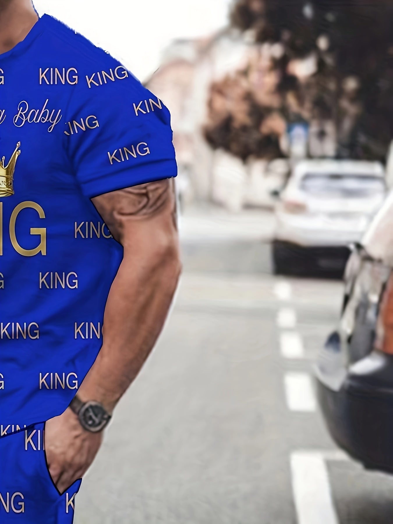 SHOWLU FASHION men's KING print summer T-shirt and shorts set, featuring a bold king graphic on the T-shirt and matching shorts.