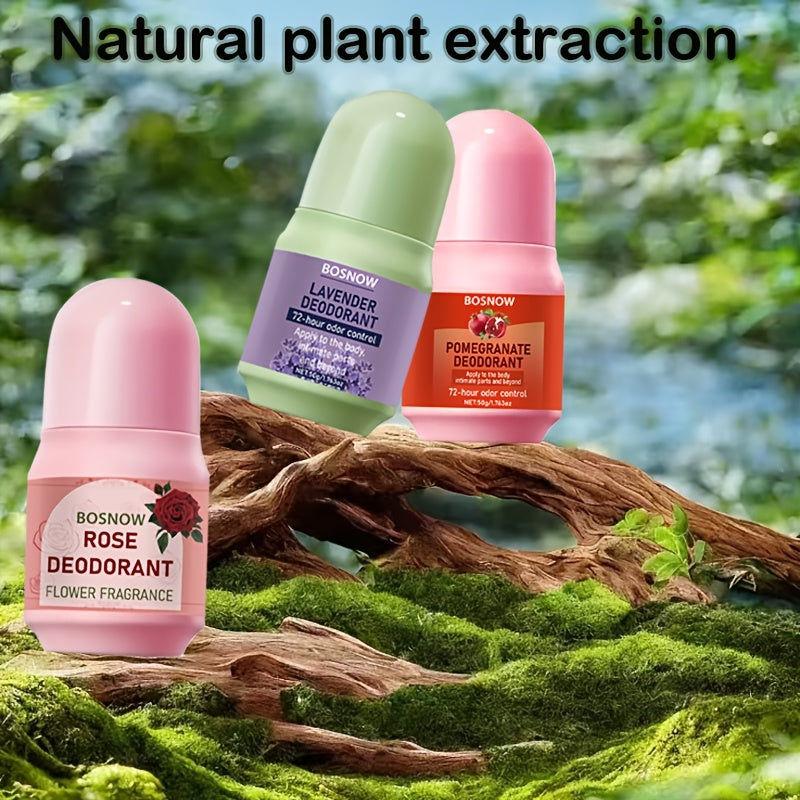 SHOWLU Natural Deodorant Set with rose, pomegranate, and lavender scents, featuring three eco-friendly sticks in colorful packaging.