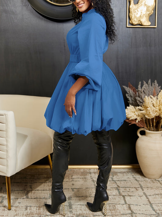 Solid V-neck Button Front Dress, Elegant Lantern Sleeve Swing Dress For Spring & Fall, Women's Clothing