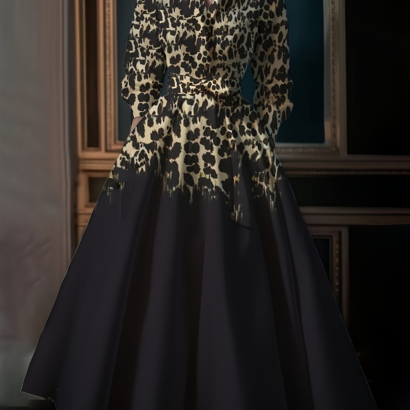 SHOWLU FASHION women's vintage A-line maxi dress with belt, made of polyester, shown in a stylish full-length view.