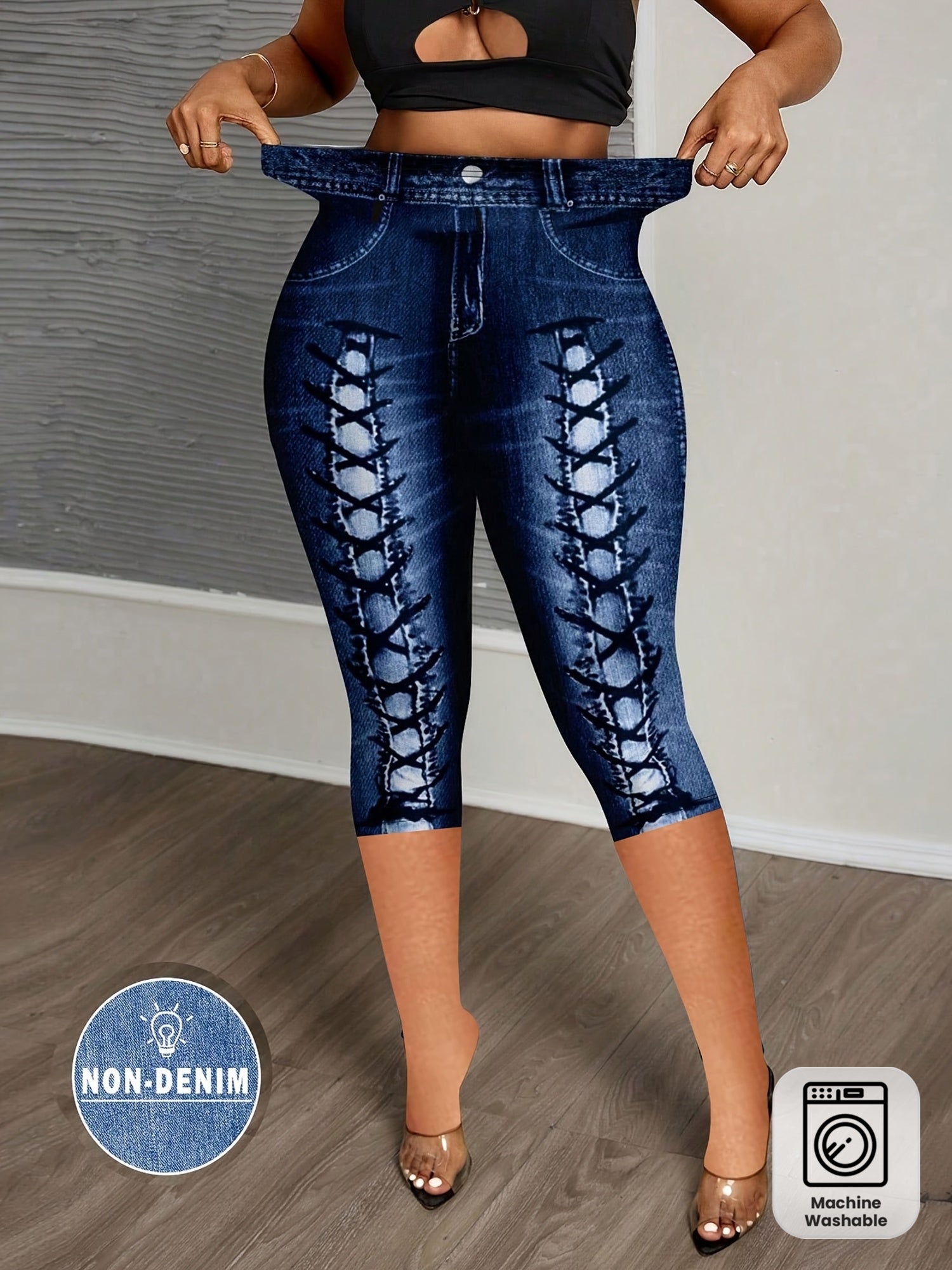 Showlu Fashion women's imitation denim print leggings, stretchy skinny pants with a stylish denim look and comfortable fit.