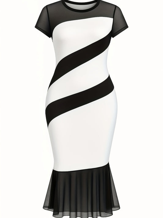 Women's Elegant Color-Block Patchwork Bodycon Dress - White & Black Contrast Round Neck Summer Dress, Machine Washable Versatile Casual & Formal Wear, Tight Fitted Dress
