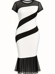 Women's Elegant Color-Block Patchwork Bodycon Dress - White & Black Contrast Round Neck Summer Dress, Machine Washable Versatile Casual & Formal Wear, Tight Fitted Dress