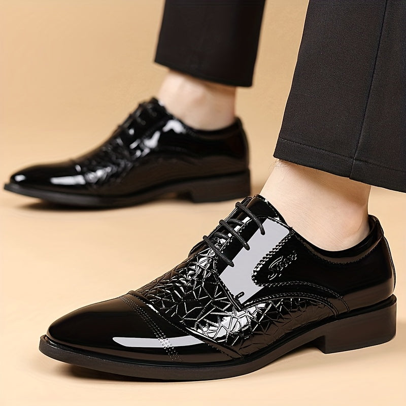 Men's glossy brown faux leather dress shoes with pointed toes, ideal for business attire, shown in a close-up image.