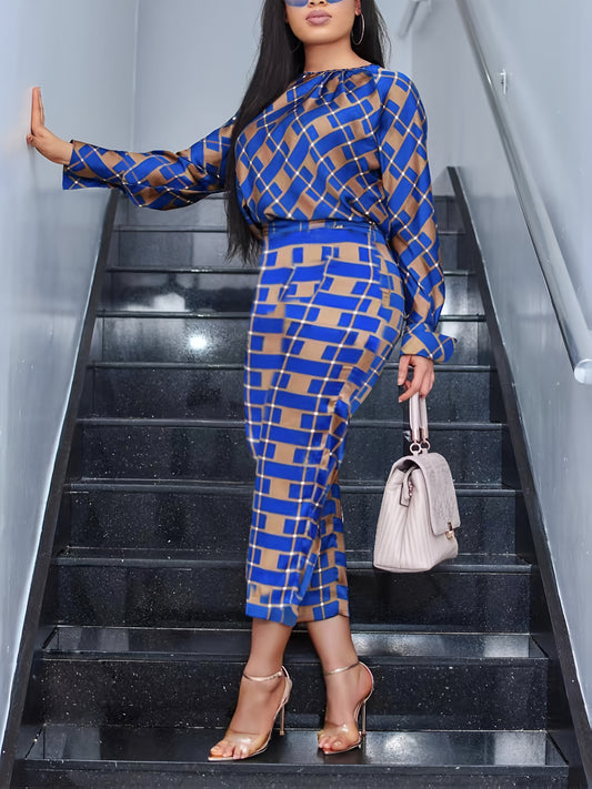 European And American Fashion Plaid Printed Long-Sleeved Shirts Paired with Casual Pants, Two-Piece Set