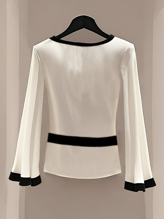 Elegant Round Neck Blouse with Flared Sleeves and Waist-Cinching Detail - White, Long Sleeve, Sleeveless Top for Women, Versatile Clothing | Minimalist Style | Elegant Sleeve Design