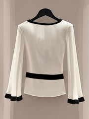 Elegant Round Neck Blouse with Flared Sleeves and Waist-Cinching Detail - White, Long Sleeve, Sleeveless Top for Women, Versatile Clothing | Minimalist Style | Elegant Sleeve Design
