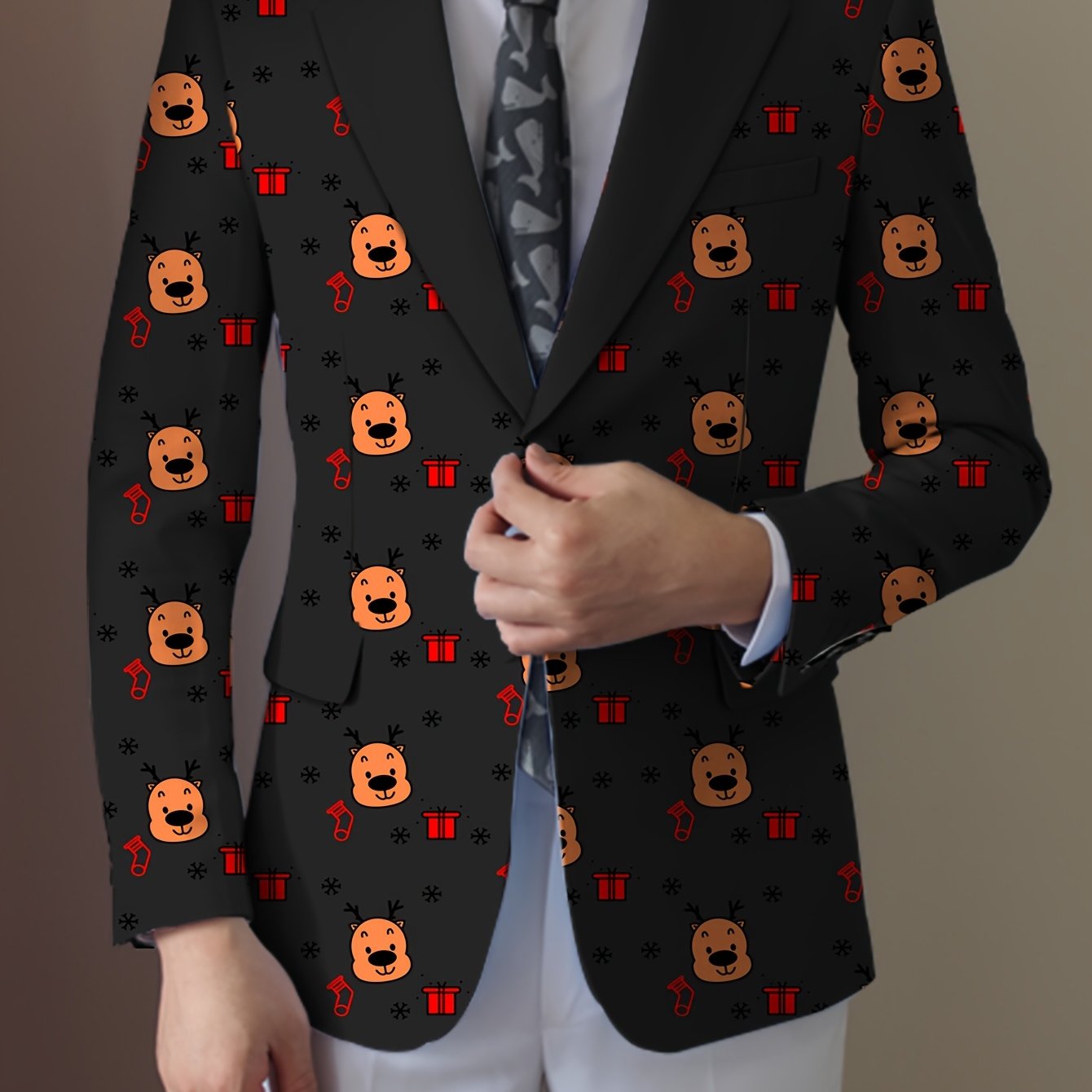 SHOWLU men's cartoon face and stripes blazer with casual notch lapel, stylish suit jacket featuring playful print and modern design