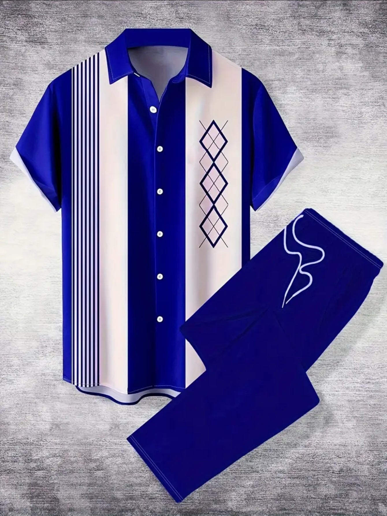 SHOWLU Men's blue and white striped shirt and pants set with geometric pattern, casual fashion outfit displayed on mannequin.