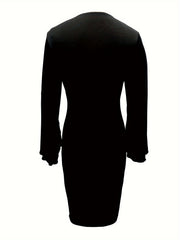 Elegant Black & White Color Block Bodycon Dress with Split Cuffs - Stretchy Polyester & Spandex Blend, Machine Washable - Perfect for All Seasons