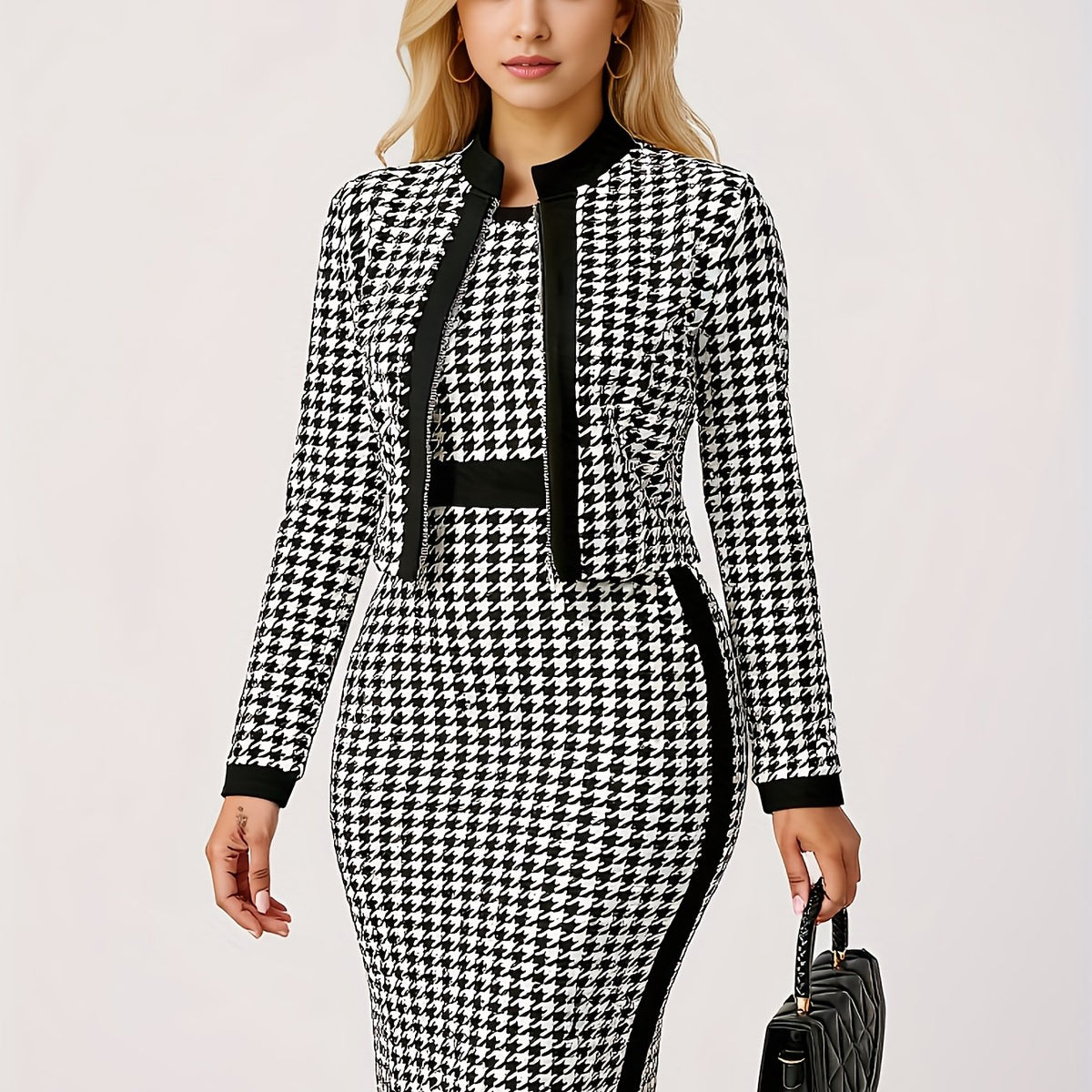 Two Piece Set Of Women's Houndstooth Zipper And Casual Houndstooth Jacket. Round Neck