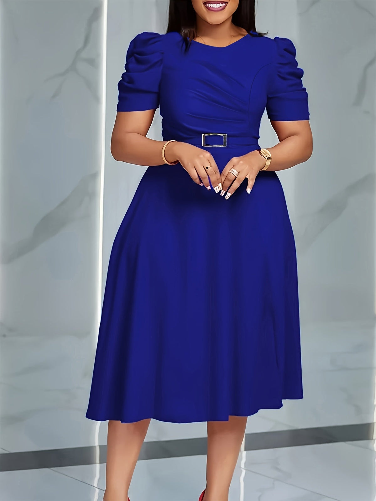 Red SHOWLU Women's V-Neck Ruffle Hem A-Line Polyester Dress, stylish and elegant with a flowy silhouette and ruffle details.
