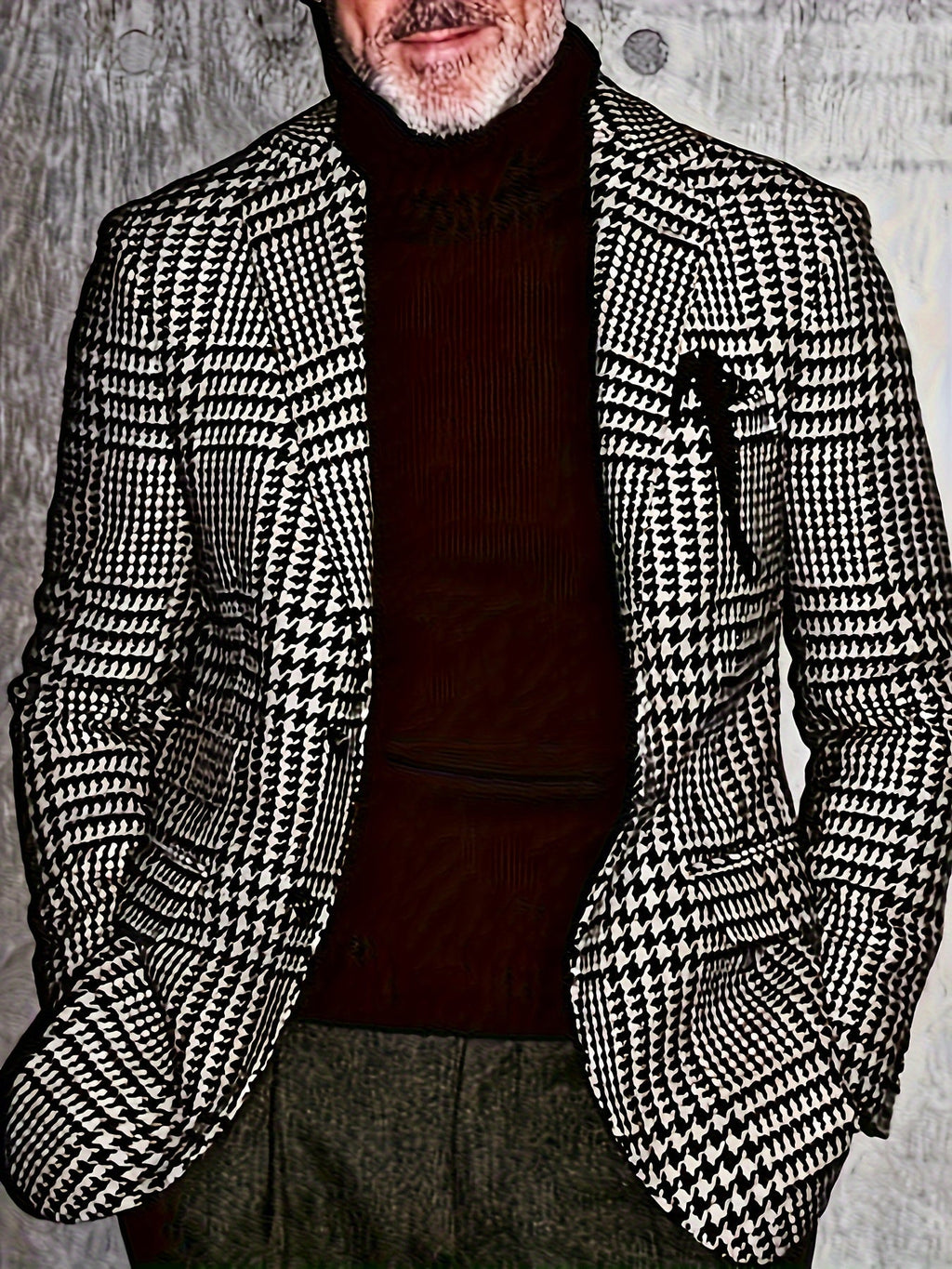 Men's SHOWLU Houndstooth blazer, regular fit woven polyester suit jacket with notch lapels and stylish pattern.