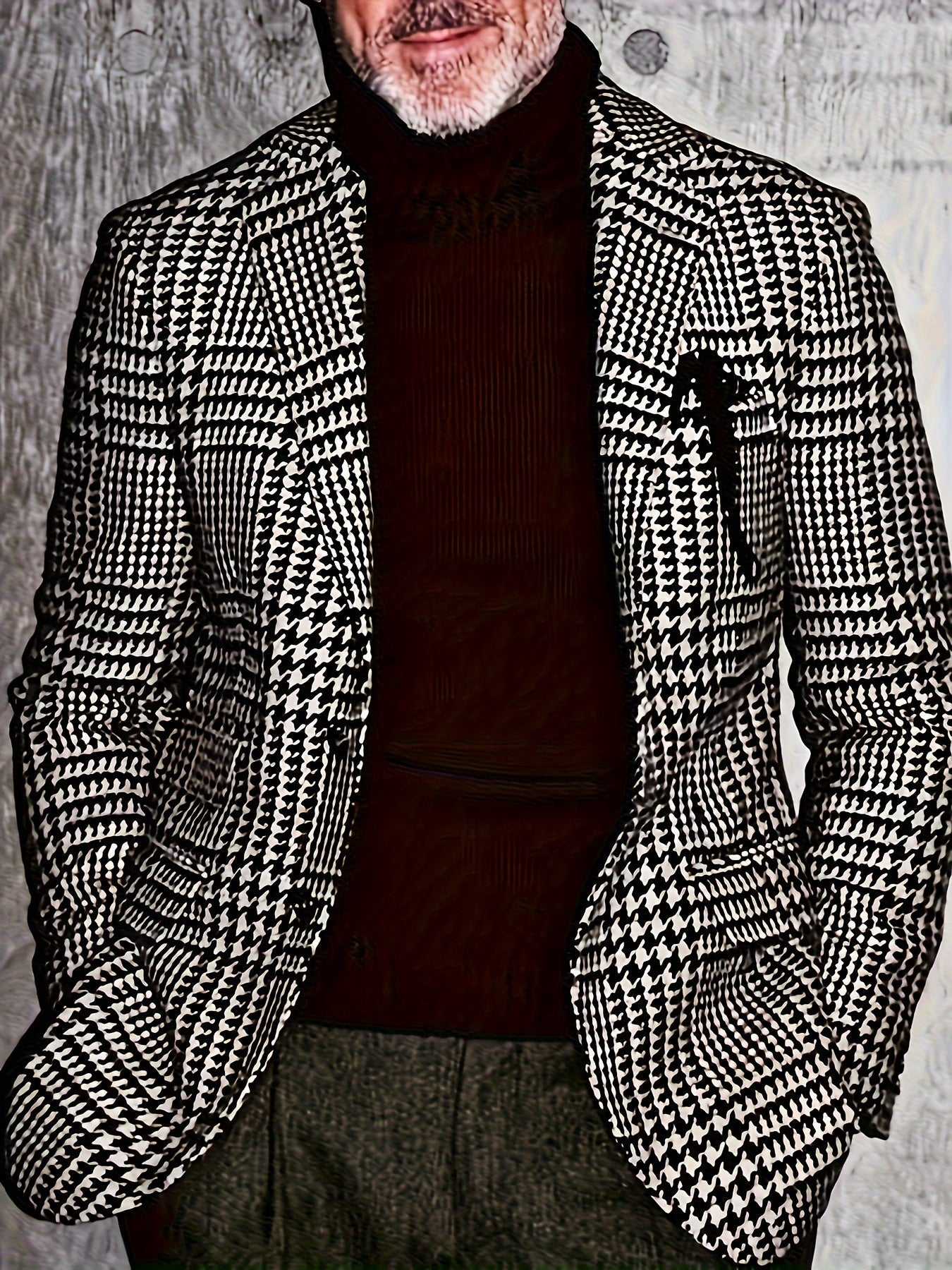 Men's SHOWLU Houndstooth blazer, regular fit woven polyester suit jacket with notch lapels and stylish pattern.