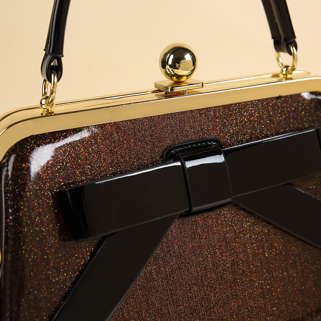 SHOWLU Polka Dot Patent Leather Handbag with bow and kiss lock closure, stylish accessory with a vintage-inspired design.