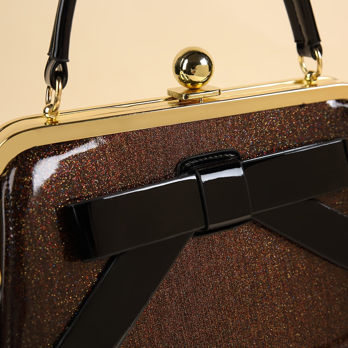 SHOWLU Polka Dot Patent Leather Handbag with bow and kiss lock closure, stylish accessory with a vintage-inspired design.